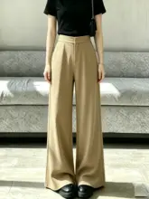 カーキ色のウエストハイワイドパンツ【夏用・フィット・小柄サイズ対応】（セットアップ対応）