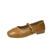 フレンチスタイル バレエシューズ【平底・レトロな彫刻デザイン・一文字ベルト】（セットアップ対応）