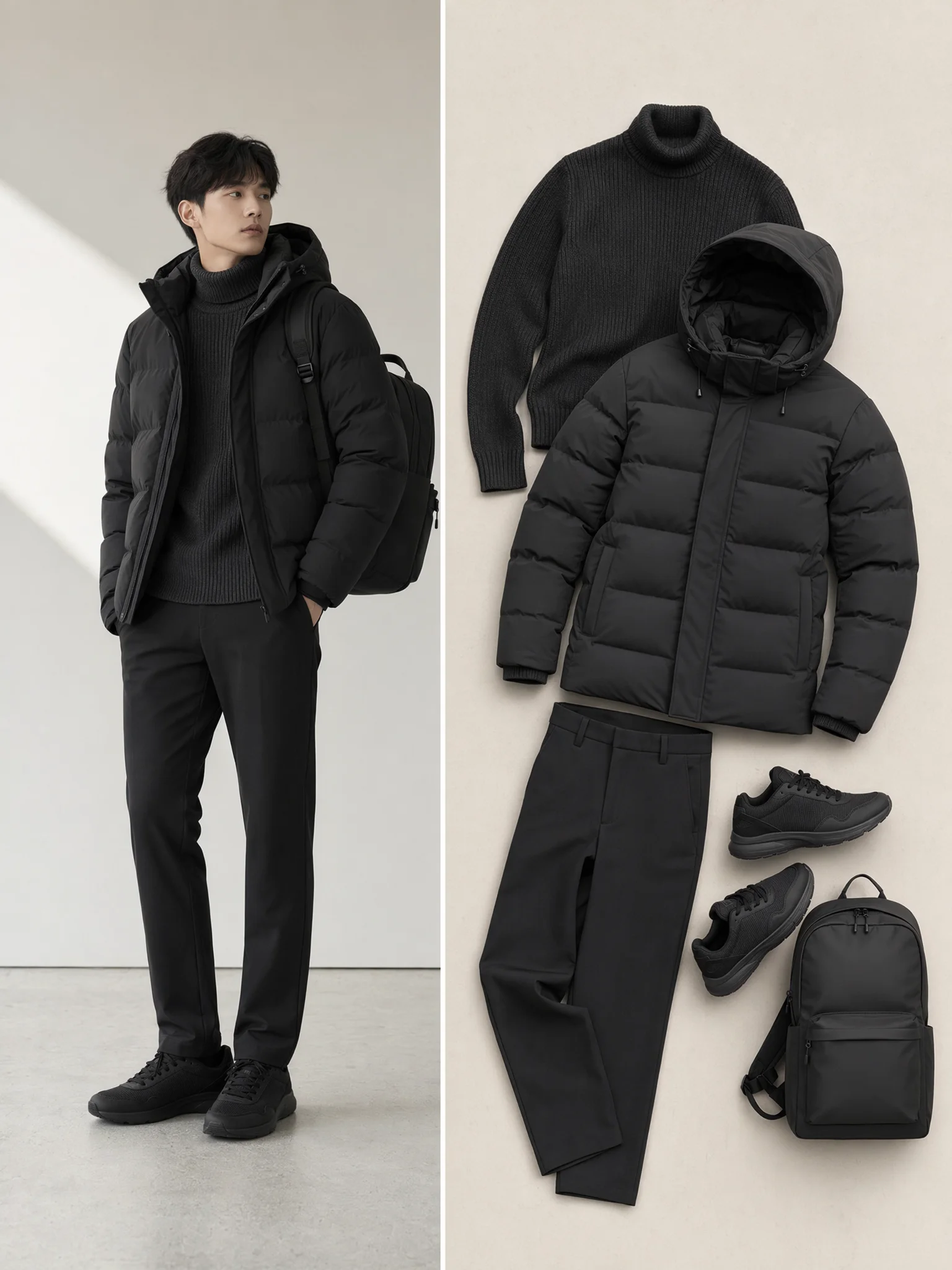 ダークグレーのタートルネックニット、黒のフード付きダウンジャケット、黒のストレートパンツ、黒のスニーカー、黒のバックパックを合わせた冬のオールブラックコーデ
