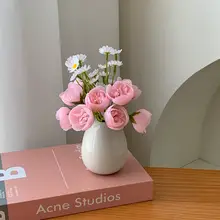 セラミック花瓶とピンクのデイジーの造花【インテリアデコレーション・デスク・リビングルーム・玄関用】