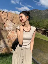 pusumede コントラストカラーUネックニット短袖Tシャツ【フレアスリーブ・夏用・タイトフィット】