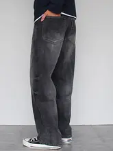 秋用 ブラックグレー デニムパンツ【ストレート・ワイドフィット・ユニセックス・ウォッシュ加工】