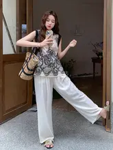 レース切り替え刺繍トップスとワイドパンツ【夏用・女性向け・ファッション】（セットアップ対応）