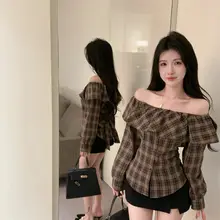 フリル付きチェック柄オフショルダーシャツ【秋用・ウエストリボン・女性用】
