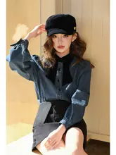 レトロなベルベット装飾の洗い加工デニムシャツ【バルーンスリーブ・カジュアル・女性用】