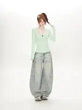 春夏用 大きな襟の女性長袖Tシャツ【スリムフィット・無地】