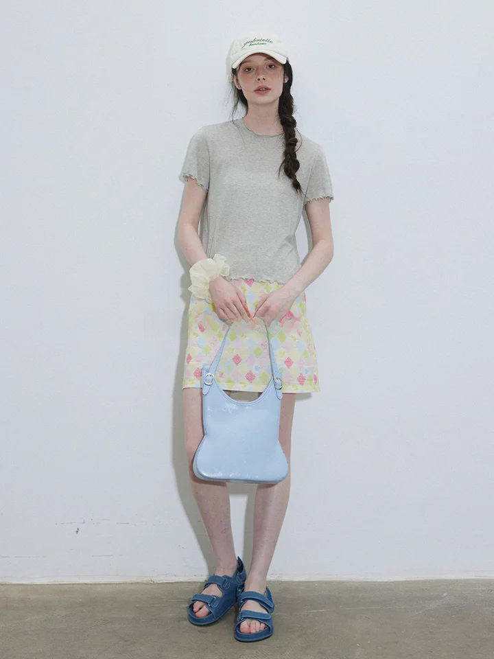 水彩プリントチェック柄Aラインスカート【夏用・高腰・体型カバー】（セットアップ対応）