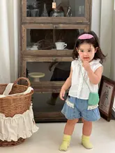夏用 女の子デニムノースリーブトップスとショートパンツ【薄手・フリル付き・カジュアルデザイン】（セットアップ対応）
