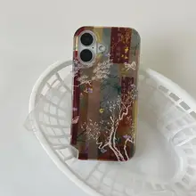 高級感のある新中式デザイン！向日葵のベリー モチーフのiPhone用保護ケース【ブラウン書道デザイン・紫色の花・耐衝撃タイプ】