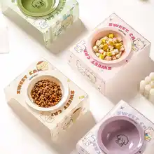 可愛い猫デザインの陶器製ペット用食器セット【高さ調整可能・アクリル製スタンド付き】