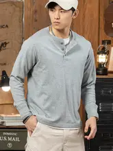 グレーの純綿ヘンリーティーシャツ【アメリカンレトロ・長袖・スリムフィット】