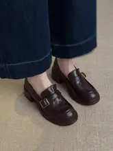 本革製 中ヒールレディースローファー【ラウンドトゥ・バックルデザイン・フレンチスタイル】