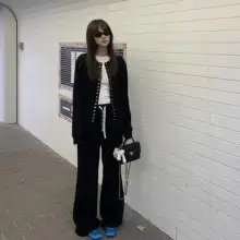 春季女性用シェルボタン長袖カーディガンと高腰カジュアルパンツ（セットアップ対応）