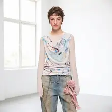 花柄3Dレース付きプリント透け感のある長袖Tシャツ【女性用・夏用・リバーシブル】