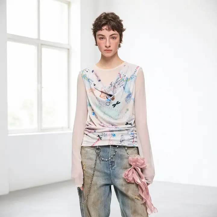 花柄3Dレース付きプリント透け感のある長袖Tシャツ【女性用・夏用・リバーシブル】