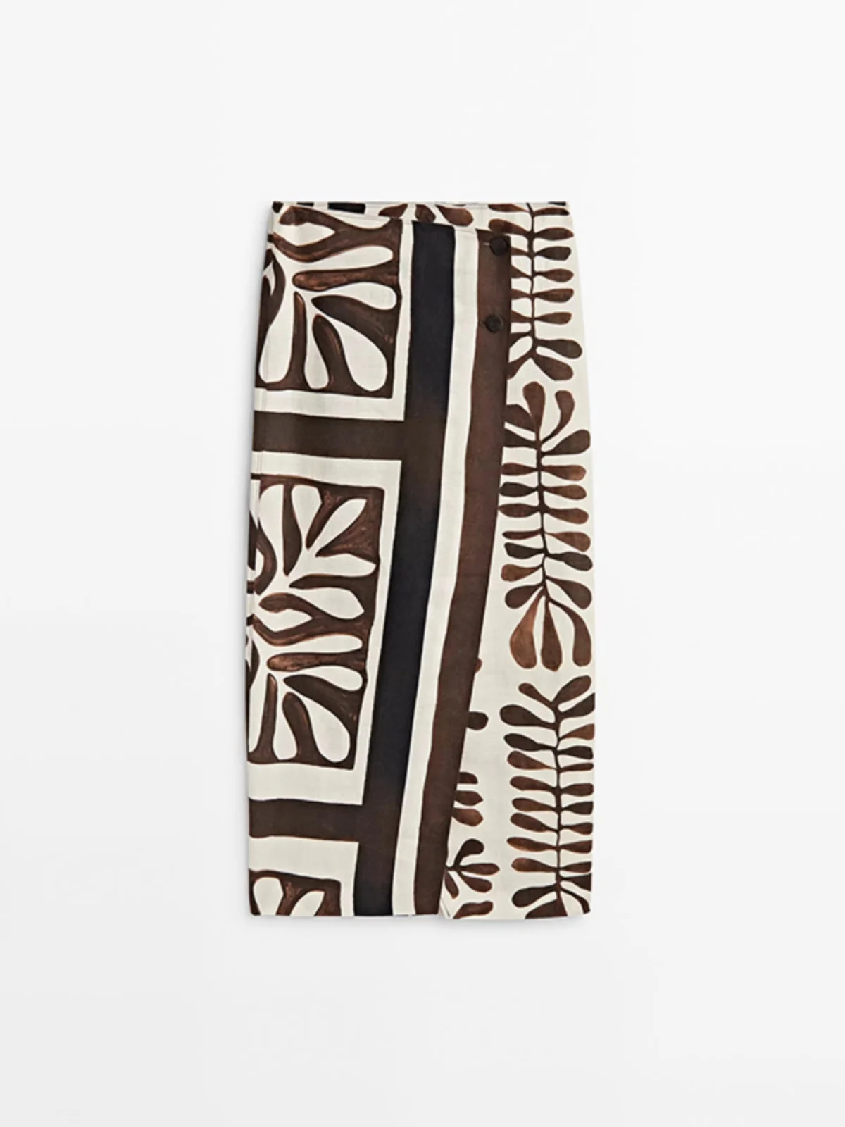 リーフプリントのレトロ風半身スカート：夏のカジュアルコーデに最適な中長めの茶色スカート