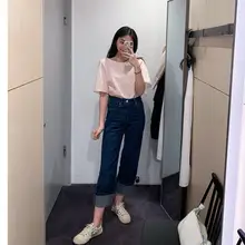 復古風折り返しストレートデニムパンツ【深い青・ハイウエスト・シンプルコーデ】