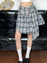 学院風 不規則デザインのチェック柄カーディガン【ブルー・高ウエスト・Aラインスカート・春用】