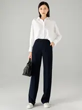 羊毛製のストレートパンツ【秋用・ダークブルー・通勤・スリムデザイン】