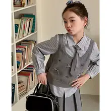 子供用春季新作 ベスト付きシャツとプリーツスカート【おしゃれなデザイン・女の子用】（セットアップ対応）
