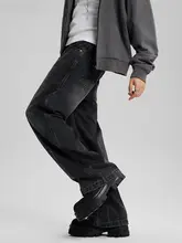 秋冬用 メンズ ブラック ストレートデニムパンツ【ウォッシュ加工・ワイドレッグ・微フレア】