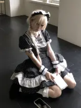 バブルスリーブの黒い星柄ドットティアードスカートワンピース（セットアップ対応）