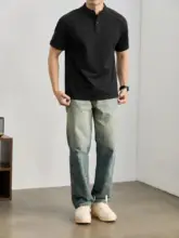 立体的なデザインのメンズカジュアルTシャツ【通気性のある水洗いコットン・中華風のハンリーネック・短袖】