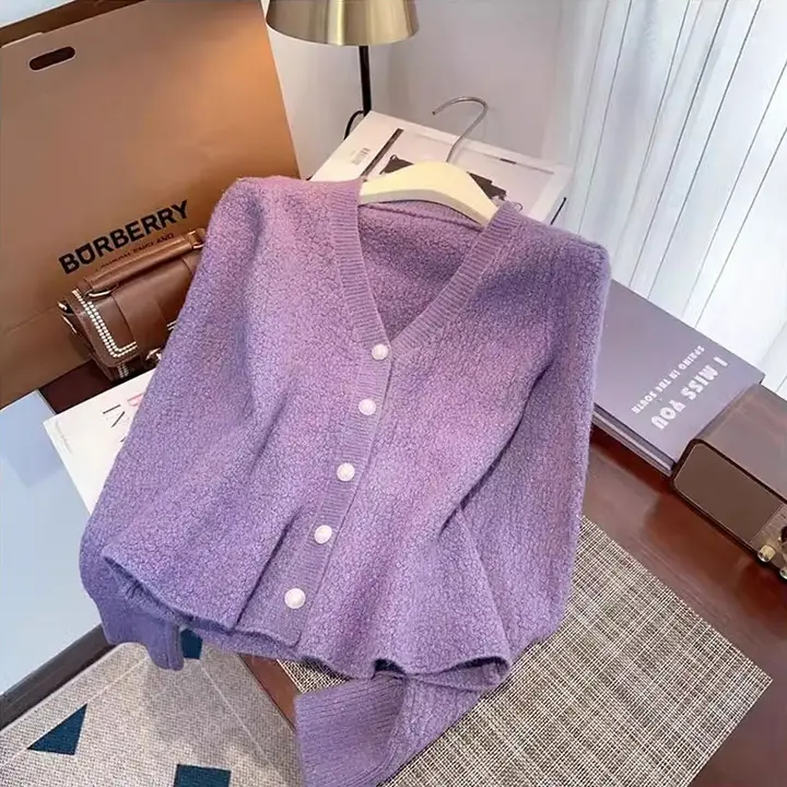 短丈エレガントニットカーディガン【秋冬用・フィッシュテールデザイン・ウエストマーク】