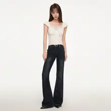韓国風ローライズフレアデニムパンツ【スリムフィット・伸縮性あり・女性用】