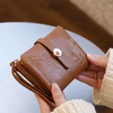 刺繍デザインの短財布【女性用・ハンドストラップ付き・多カードポケット・折りたたみ式】