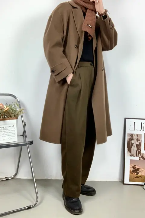 高級感あるウール混ロングパンツ【秋冬用・ハイウエスト・ワイドレッグ・フィット】