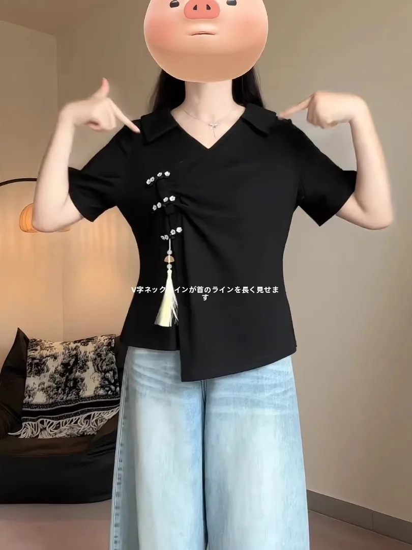 つけ襟 黒：新中式デザインの黒色コットンTシャツの実用性とファッションマッチング
