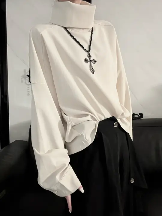 高級感あふれるデザインの長袖ハイネックシャツ【レトロスタイル・春用・ルーズフィット】