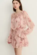 春らしい花柄のフリル付き長袖ワンピース【ピンク・ウエスト絞り・ラウンドネック・短丈】