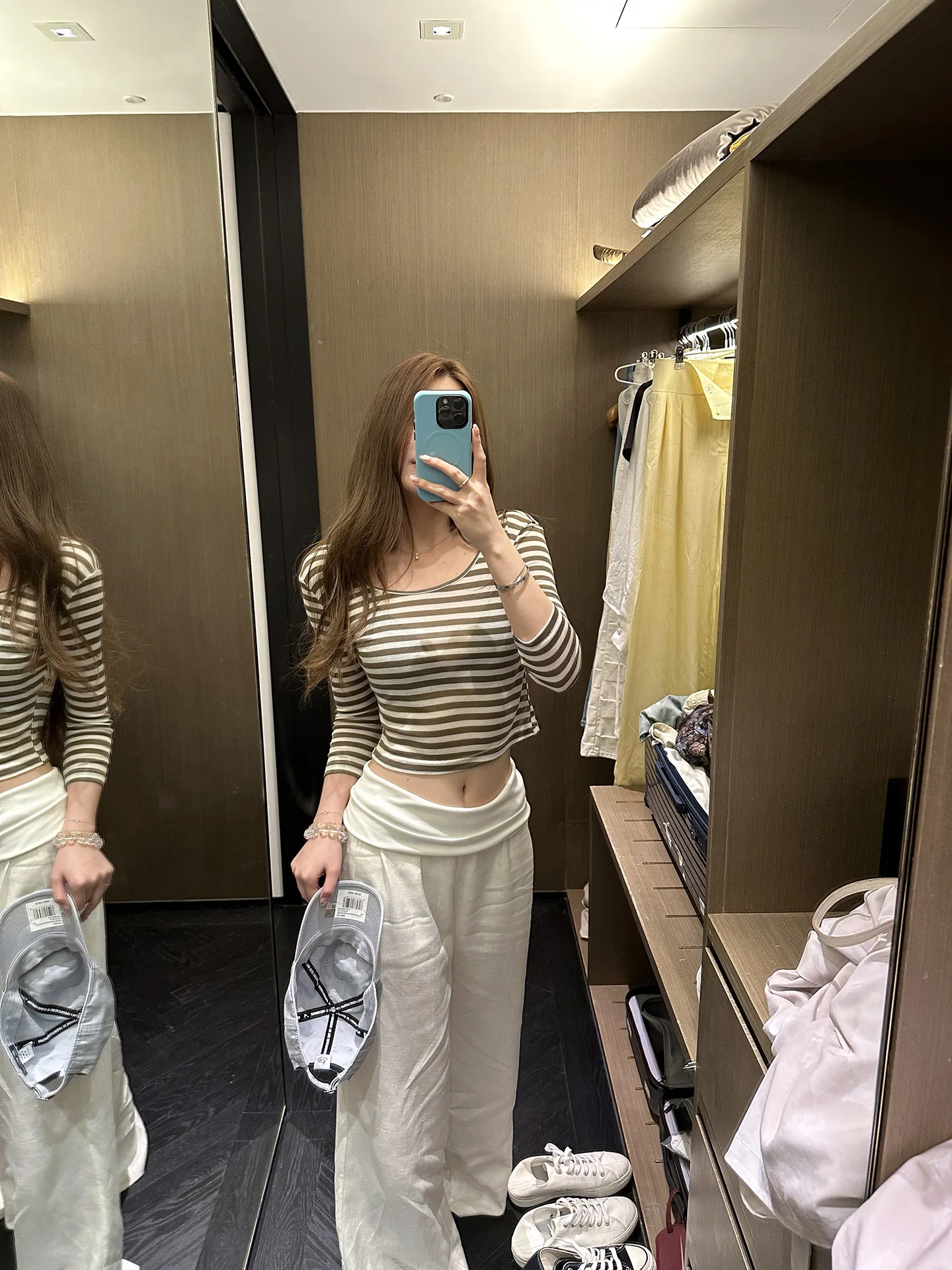 七分袖Tシャツ：ストライプの天絲ウール素材で通勤に最適な着心地を実現