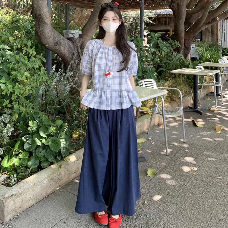 大きいサイズ レディース 夏用 丸首チェックブラウスとワイドパンツセットの着こなしガイド