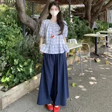 大きいサイズ レディース 夏用 ゆったりした丸首チェック柄ブラウスとワイドパンツの組み合わせ（セットアップ対応）
