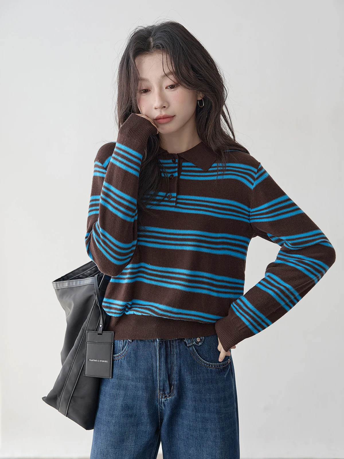ストライプ柄 長袖Tシャツ【レディース・ポロシャツ・学院風・シルエットを美しく見せる】