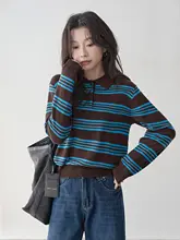 ストライプ柄 長袖Tシャツ【レディース・ポロシャツ・学院風・シルエットを美しく見せる】