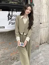 した雰囲気のスーツスタイル【春秋・フェイクツーピース・シャツ風トップス・ワイドパンツ】（セットアップ対応）