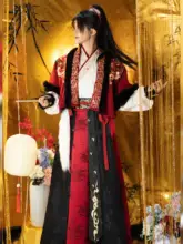 唐風 男女兼用 半袖交領紅色加絨羽織【秋冬用・破裙デザイン】
