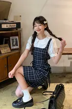 チェック柄ワンピース【ウエストマーク・リボン付き・ドールカラー・短袖】（セットアップ対応）