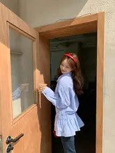 デザイン性のある青いストライプの長袖シャツ【ウエストゴム・女性用・秋用】