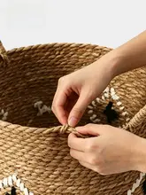 刺繍入り草編みランドリーバスケット【白黒チェック・大容量・北欧スタイル・内布付き】