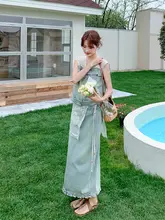 レース切り替えのフリルデザインデニムノースリーブトップスとスカート【夏用・女性用・魅力的なデザイン】（セットアップ対応）