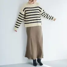 光沢感のある斜裁半身スカート【ウエストゴム・ドローストリング付き・秋用】