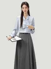 セットアップ レディース 長袖 ブラウス 蝶結び ブルー グレー スカート オフィスカジュアル 面接 フォーマル 秋 夏