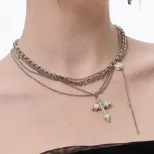 流れるフリンジの花びらデザインクロスネックレス【淡水真珠・貝母・女性用】