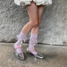 レース花柄中筒ソックス【薄紫・ロリータ風・JKスタイル・透け感あり】