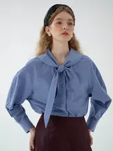 LINGYILI 春シリーズ グレー・ブルーのネイビースタイル 80サイ綿のリボン付きシャツ
